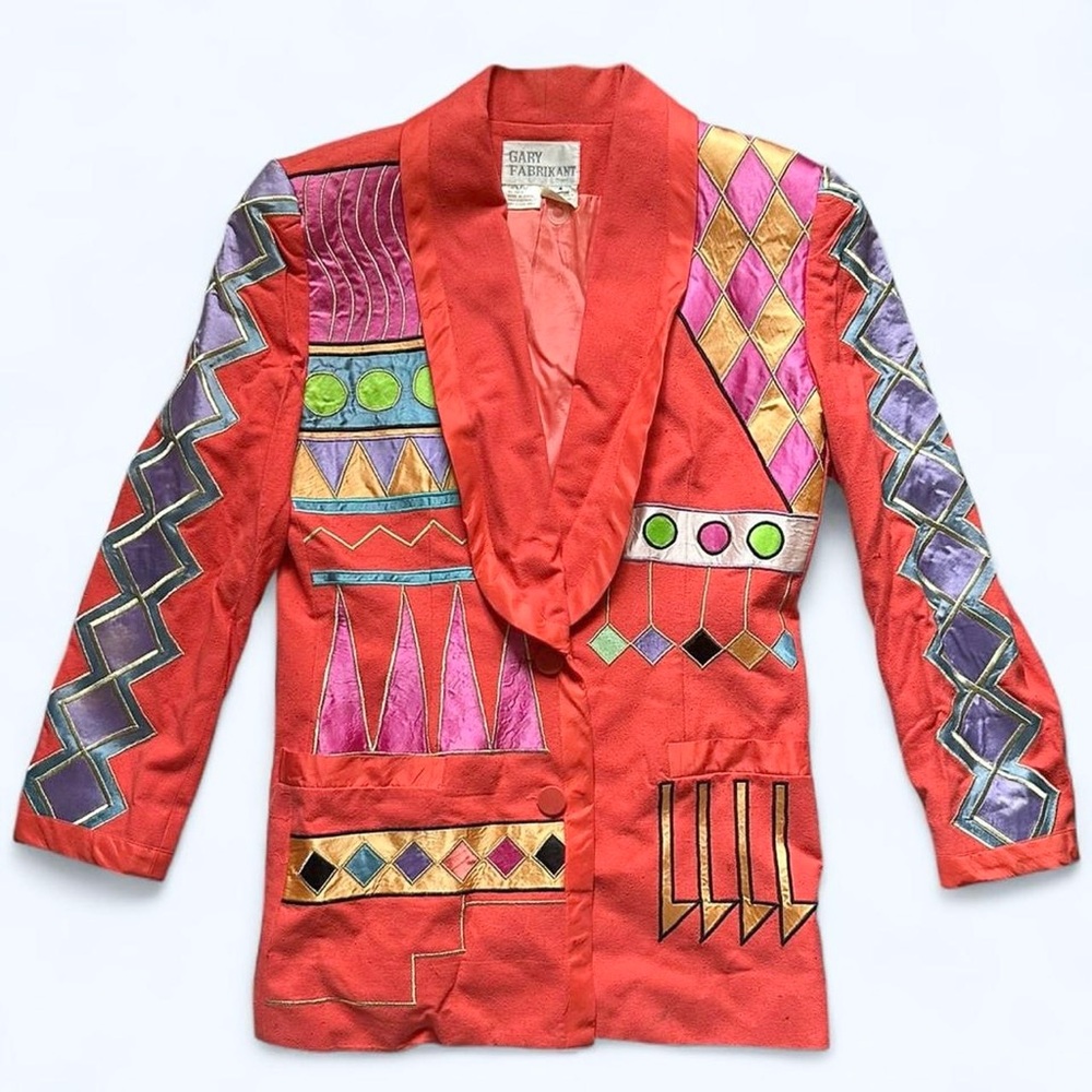 Vintage Gary Fabrikant 100% Silk RARE 1980s Geometric Blazer Jacket Size 4